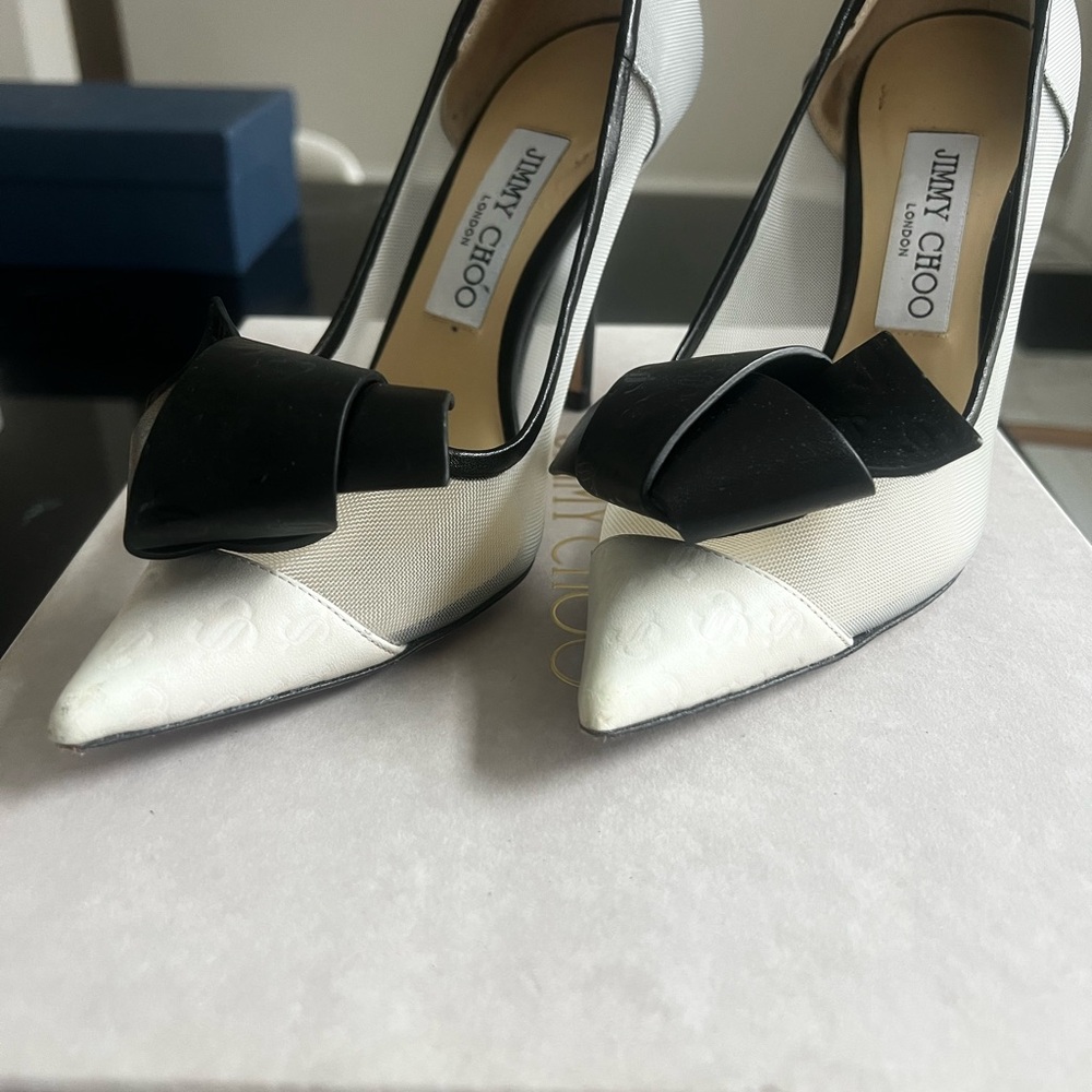 Jimmy Choo White and Black Pointed Bow Pumps